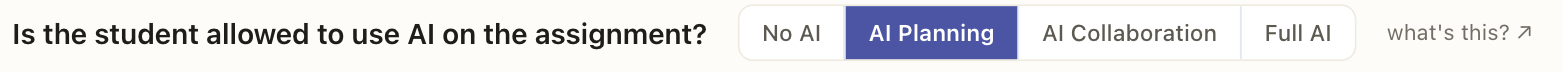 The AI-use control on an assignment, with the four levels: No AI, AI Planning, AI Collaboration, and Full AI.