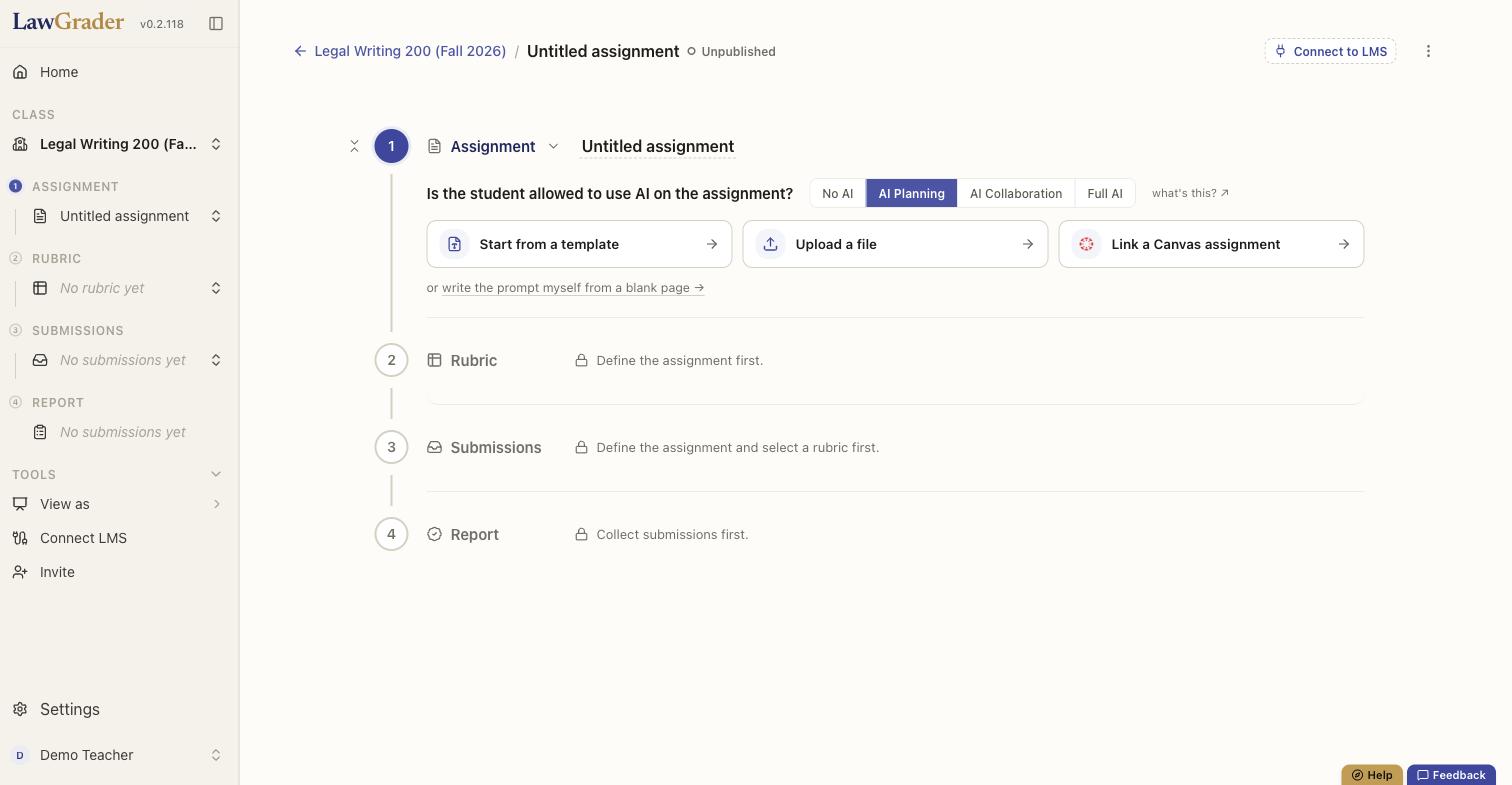 The assignment builder: set the AI policy, then start from a template, upload a file, or import from your LMS.
