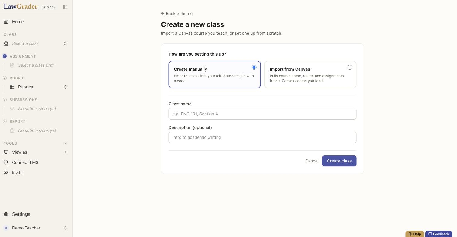 Creating a new class: enter the details yourself, or import a course you already teach.